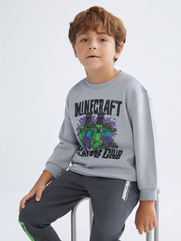 Bisiklet Yaka Minecraft Bask?l? Erkek ?ocuk Sweatshirt
