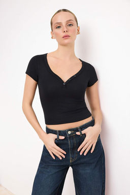 Ekru Fitted/Vucuda Oturan V Yaka K?sa Kollu Pamuk Ribana Orme T-Shirt TWOSS26TS00125 - Trendyolmilla фото 5