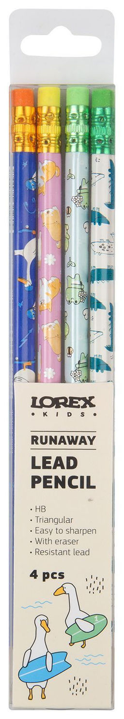 Набор чернографитных карандашей деревянные LOREX KIDS V-TYPE RUNAWAY 4 шт НВ с ластиком, з...