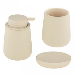 Набор для ванной "Эстетик" 3 предмета: дозатор для мыла 410мл; мыльница 11х8,6х2,2см; стакан для зубных щеток 410мл; фурнитура пластик, керамика, матовая глазурь, кремовый, в коробке (Китай)