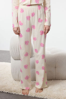 Ekru %100 Pamuklu Sloganl? Kalpli Orme Pijama Tak?m? THMAW25PT00098