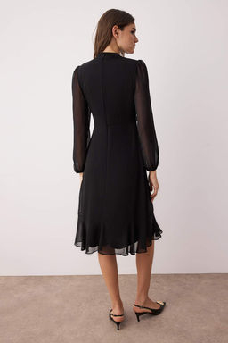 Siyah A Kesim Dik Yakal? Midi Astarl? Sifon Dokuma K?sl?k Elbise TWOAW20EL1313