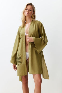 Yag Yesil Kusakl? Mini Dokuma Nak?sl? %100 Pamuklu Plaj Kimono&Kaftan TBESS24KM00008