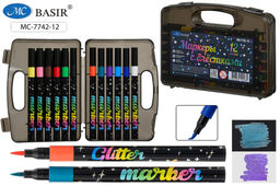 Набор маркеров с блестками 12цв., 1-5мм (MC-7742-12) наконечник - кисть, на водной основе, круглый черный корпус с рисунком, в пласт. боксе