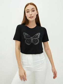 Bisiklet Yaka Ta? Bask?l? K?sa Kollu Kad?n Ti??rt - Waikiki фото 2