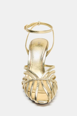 METALLIC HIGH-HEEL CAGE SANDALS