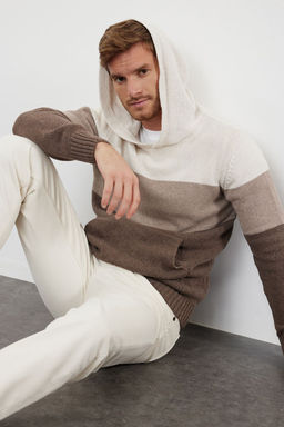 Ekru Regular Yunlu Kapusonlu Renk Bloklu Triko Kazak TMNAW22KZ0822