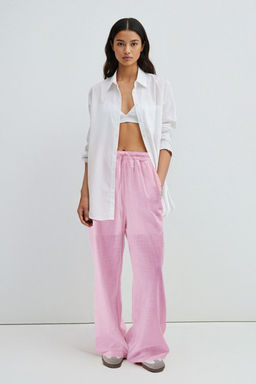 Ac?k Pembe Keten Gorunumlu Wide Leg/Genis Paca Sort Astarl? Beli Lastikli Pantolon TWOSS25PL00121