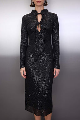 Siyah Duz Gogusten Baglama Detayl? Payet Midi Astarl? S?k/Gece Elbise TPRAW26EL00100