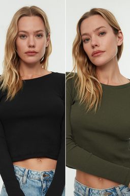 Siyah-Haki 2li Paket Fitted/Vucuda Oturan Bisiklet Yaka Crop Fitilli Esnek Orme Bluz TWOAW22BZ0331
