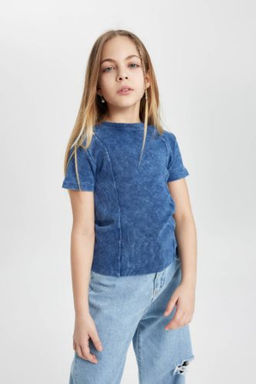 K?z Cocuk Slim Fit Dar Kesim Bisiklet Yaka Fitilli Kaskorse K?sa Kollu Tisort