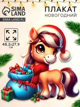 Цена за 10 шт. Плакат новогодний С новым годом, лошадка у подарка, 48.2?27.9 см