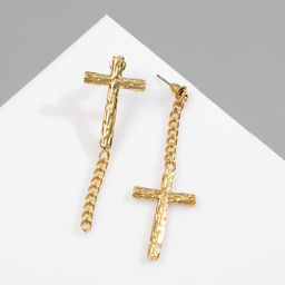 Серьги металл Крест и цепочка плетение, цвет золото