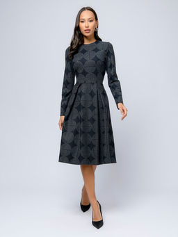 Платье темно-синего цвета с принтом длины миди с длинными рукавами - 1001dress фото 2