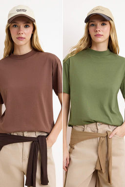 Kahverengi-Haki 2li Paket %100 Pamuk Basic Dik Yaka Orme T-Shirt TWOSS20TS1500