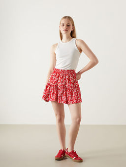 Beli Lastikli ?i?ekli Kad?n ?ortlu Etek