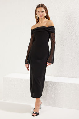 Trendyolmilla Siyah Vucuda Oturan Drapeli Krep Orme Midi S?k Elbise TPRSS25EL00176  фото 2