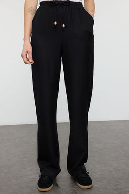 Siyah Straight/Duz Kesim Beli Lastikli Bagc?kl? Keten Gorunumlu Dokuma Pantolon TWOSS24PL00056 - Trendyolmilla фото 5