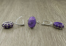 Комплект "Чара-1", чароит, покрытие родий, размеры кольца: 17, 18, 19, 20