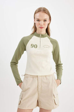 Женская крутая приталенная футболка в рубчик с половиной молнии с воротником-стойкой и цветным принтом, футболка с длинными рукавами