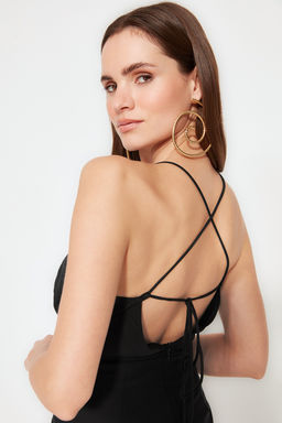 Siyah Astarl? Biyeli Dokuma Sifon Uzun Gece Abiye Elbise TPRSS22AE0012