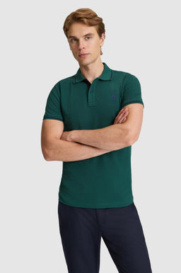 Erkek Koyu Ye_il Slim Fit Polo Yaka Basic Ti__rt