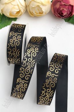 Лента репсовая 2,5 см*20 ярд "Узор" SF-5852, черный/золото №39