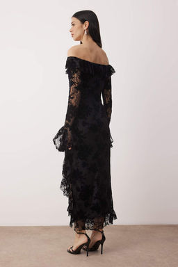 Siyah F?rf?rl? Flok Tul Bask?l? Maxi Astarl? Elbise TPRAW26EL00083 - Trendyolmilla фото 4