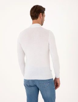 Ekru Slim Fit Yar_m Bal_k__ Yaka Basic Triko Kazak