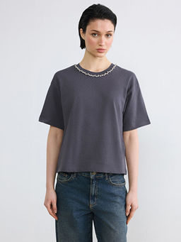 Bisiklet Yaka Ta?l? Kad?n Ti??rt