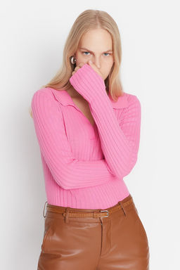 Pembe Kol Ucu Detayl? Polo Yaka Triko Kazak TWOAW21KZ1113