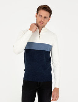Lacivert Slim Fit Fermuarl_ Dik Yaka Triko Kazak