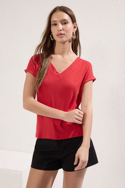 Trendyolmilla Ekru Viskoz/Yumusak Kumas Fitted/Vucuda Oturan Ay Kol V Yaka Esnek Orme Bluz TWOSS24BZ00433  фото 10