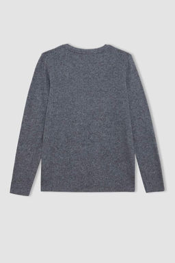 Женская повседневная базовая однотонная футболка с круглым вырезом и длинными рукавами обычного кроя - Defacto фото 3