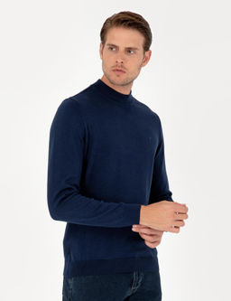 A__k Lacivert Slim Fit Yar_m Bal_k__ Yaka Basic Triko Kazak