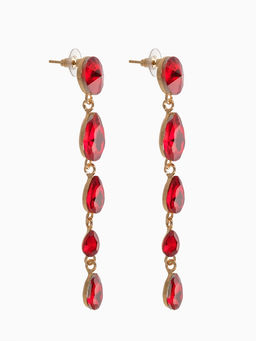 Серьги висячие со стразами Драгоценность капли, красные в золоте, 9.5 см