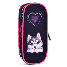 Пенал "Cute Husky" 21x8x5 см, овальный для 50 предметов, с внутренним органайзером-створкой, плотный износостойкий полиэстер с водоотталкивающей пропиткой, на молнии