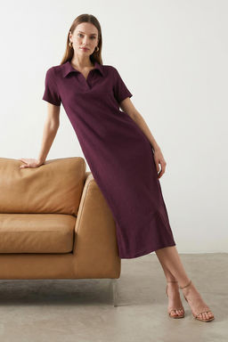 Murdum Polo Yaka K?sa Kol Midi Burumcuk/Dokulu Orme Elbise TWOSS24EL00478