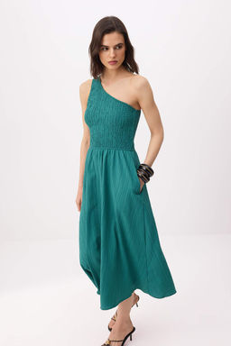 Petrol Duz Etegi Belden Ac?lan Gipeli Midi Dokuma Elbise TWOSS23EL01830