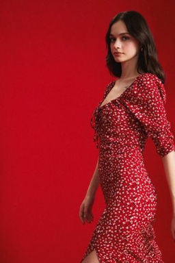 Sevgililer Gunu Bodycon Vucudu Saran Kare Yaka Desenli Y?rtmacl? Burumcuk Yar?m Kol Midi Elbise