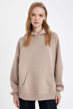 Oversize Genis Kal?p Kapusonlu Kanguru Cepli Kal?n Basic Duz Sweatshirt - Defacto фото 4
