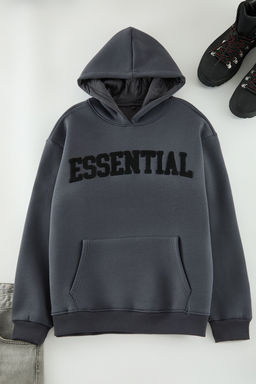TRENDYOL MAN Antrasit Oversize/Genis Kesim Yaz? Nak?sl? Ici Polar/S?cak Tutan Kapusonlu Sweatshirt TMNAW25SW00180 - Trendyolmilla фото 7
