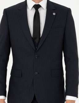 Lacivert Slim Fit _izgili Yelekli Tak_m Elbise