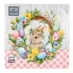Салфетки бумажные "Art Bouquet" 33х33см, 3-х слойные, 20 штук в упаковке, 100% целлюлоза, "Пасхальный венок с кроликом" (Россия)