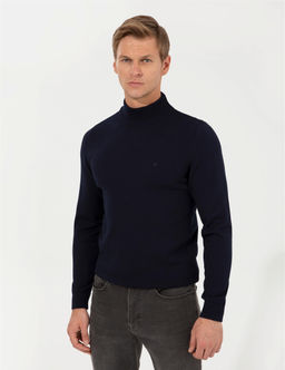 Lacivert Slim Fit Yar_m Bal_k__ Yaka Basic Triko Kazak