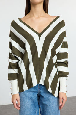 Siyah Derin V Yaka Cizgili Triko Kazak TWOAW25KZ00390 - Trendyolmilla фото 8