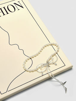 Бусы «Бантик» с жемчугом, белые в серебре, 37 см