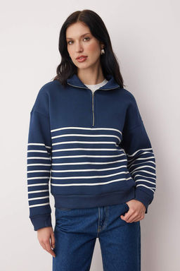 Lacivert Cizgili Oversize/Genis Kal?p Fermuarl? Kal?n Ici Polarl? Orme Sweatshirt TWOAW26SW00044