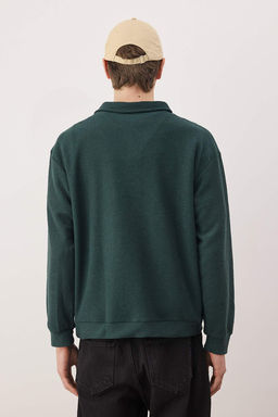 Petrol Yesili Yeni Oversize/Genis Kesim Polo Yaka Kal?n C?tc?tl? Sweatshirt TMNAW26SW00051
