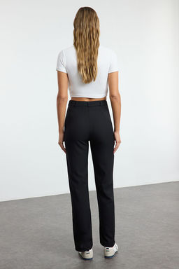 Siyah Straight/Duz Kesim Yuksek Bel Nervur Dikisli Dokuma Pantolon TWOSS21PL0093